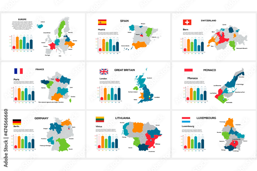 Set maps Europe countries by region Spain, Switzerland, France, Great Britain, Monaco, Germany, Lithuania, Luxembourg