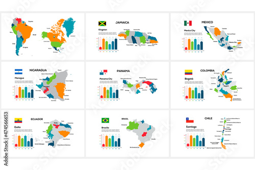 Set of maps of America countries by region Jamaica, Mexico, Nicaragua, Panamma, Colombia, Ecuador, Brazil, Chile