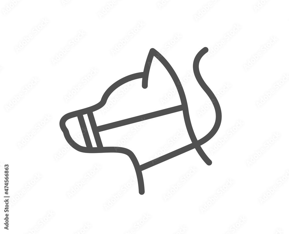 Fototapeta premium Dog on leash line icon. Pet in muzzle sign. Animal aggression control symbol. Quality design element. Linear style dog leash icon. Editable stroke. Vector