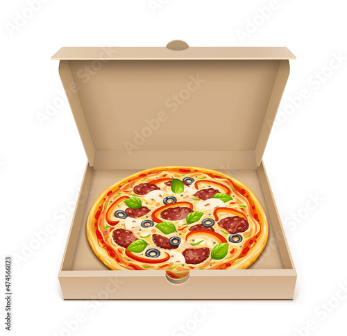 Pizza in paper box. Traditional italian food. Isolated on white background. Eps10 vector illustration.