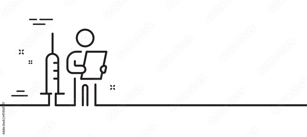 Fototapeta premium Vaccination announcement line icon. People vaccine syringe sign. Injection jab symbol. Minimal line illustration background. Vaccination announcement line icon pattern banner. Vector