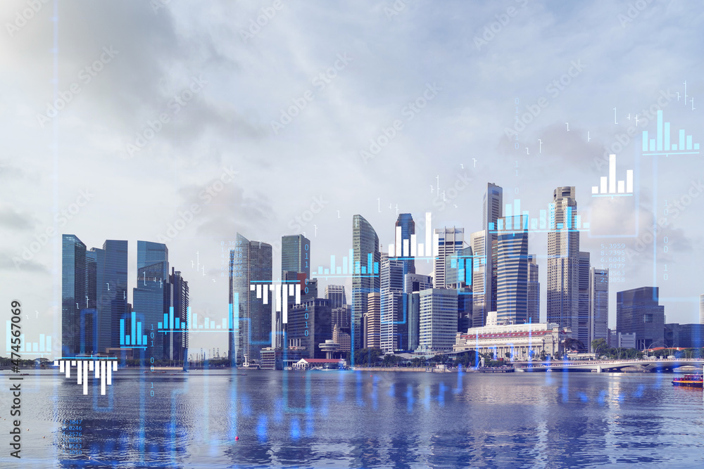 Fototapeta premium Financial stock chart hologram over panorama city view of Singapore, business center in Asia. The concept of international transactions. Double exposure.
