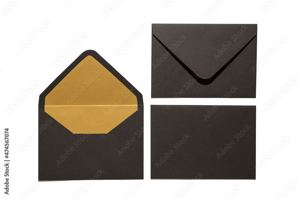 Top view photo of two open and closed stylish black envelopes and black ...