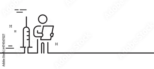 Vaccination announcement line icon. People vaccine syringe sign. Injection jab symbol. Minimal line illustration background. Vaccination announcement line icon pattern banner. Vector