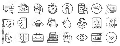 Set of Technology icons, such as Financial app, Fast delivery, Website statistics icons. Eye, Employees messenger, Augmented reality signs. Phone insurance, Loyalty ticket, Portfolio. Info. Vector