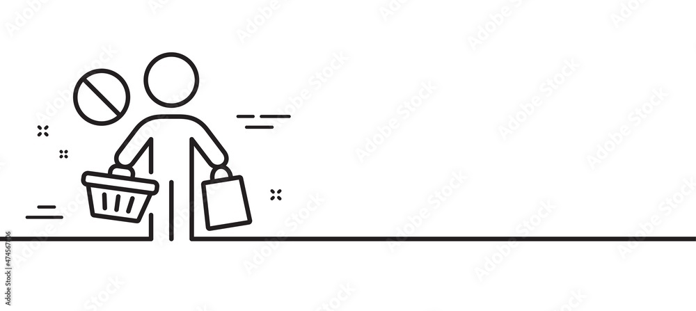 Stop shopping line icon. No panic buying sign. Man with shopping cart symbol. Minimal line illustration background. Stop shopping line icon pattern banner. White web template concept. Vector Stop shopping line icon. No panic buying sign. Man with shopping cart symbol. Minimal line illustration background. Stop shopping line icon pattern banner. White web template concept. Vector