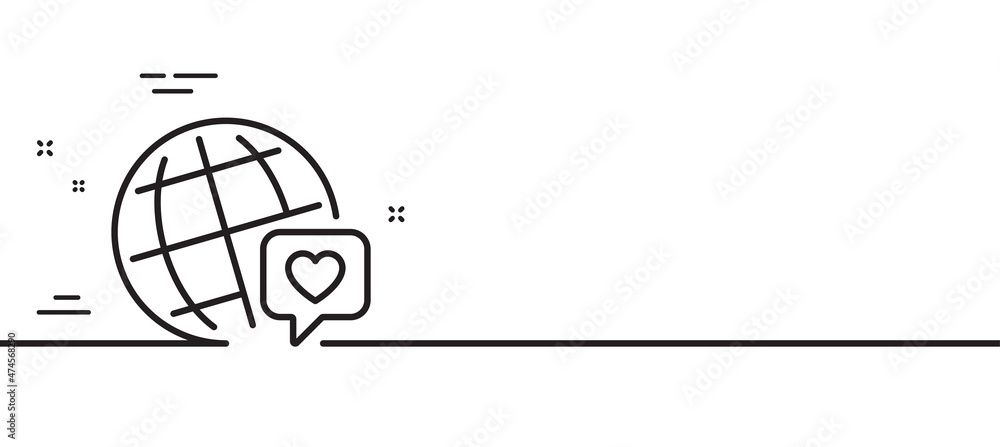 Fototapeta premium Friends world line icon. Friendship love sign. World brand ambassador symbol. Minimal line illustration background. World brand line icon pattern banner. White web template concept. Vector