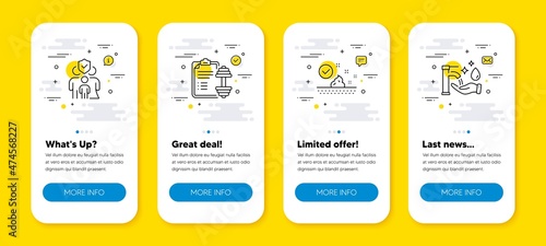 Vector set of Dumbbell, Family insurance and Skin care line icons set. UI phone app screens with line icons. Washing hands icon. Training plan, Risk coverage, Face cream. Hygiene care. Vector