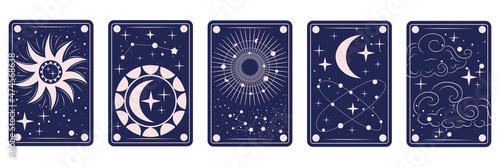 Tarot cards with sun, moon, stars and constellations.Heavenly night zodiac design. A set of tarot cards for divination. Astrology and prediction in flat style. Vector illustration