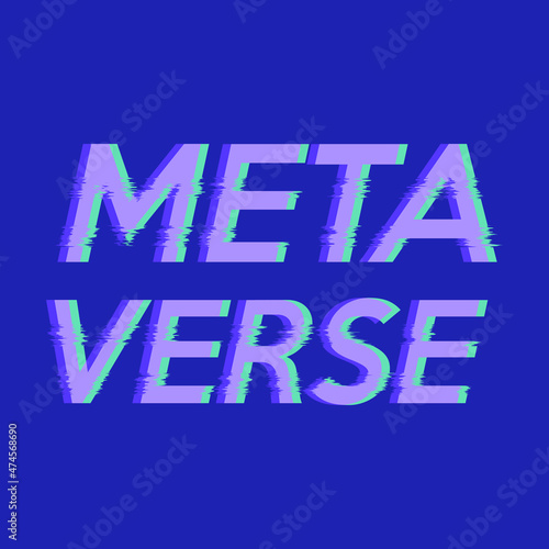 Metaverse text design. Purple Meta and verse words with glitch effect on blue background. Future technology concept.