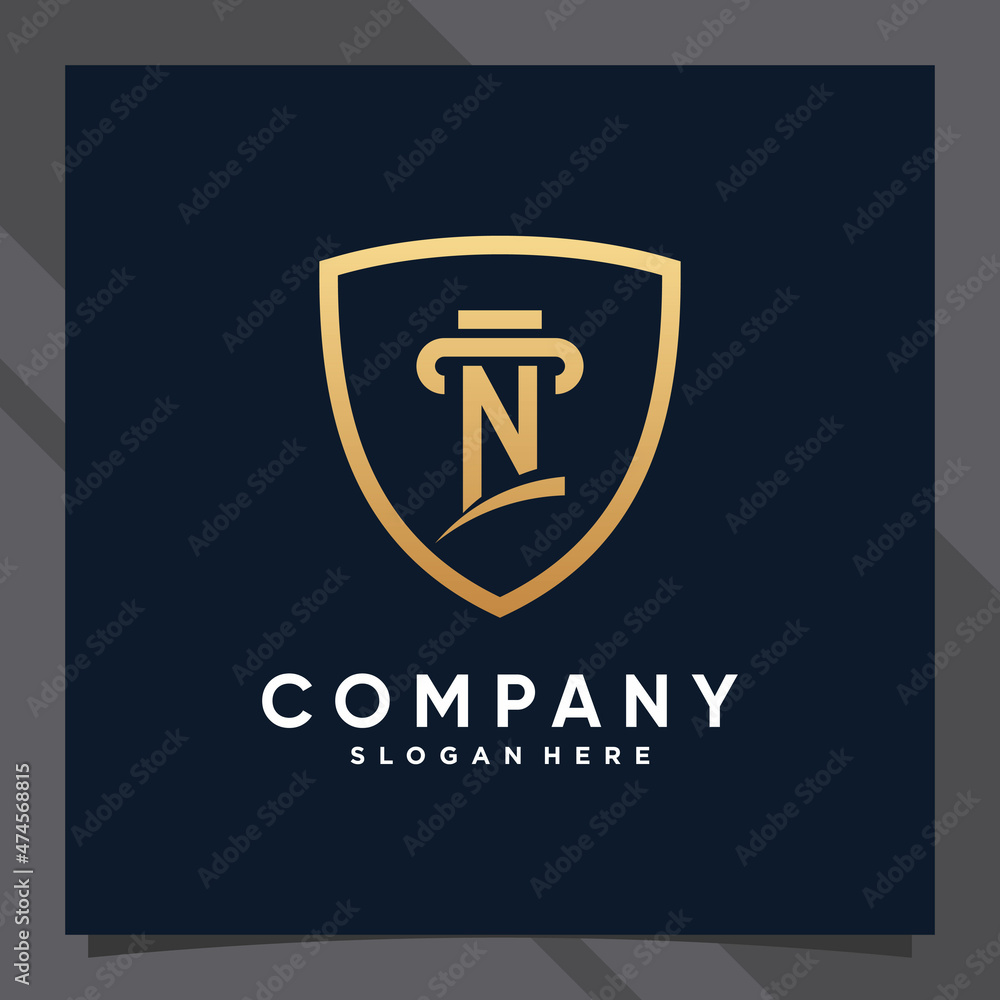 Creative shield combined law logo design initial letter n with golden style color