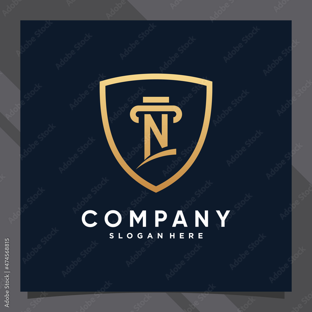Creative shield combined law logo design initial letter n with golden style color Creative shield combined law logo design initial letter n with golden style color