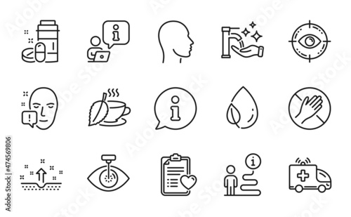 Healthcare icons set. Included icon as Head, Clean skin, Eye laser signs. Eye target, Face attention, Medical drugs symbols. Patient history, Washing hands, Leaf dew. Mint tea, Dont touch. Vector