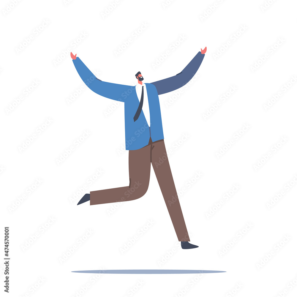 Happy Businessman Jump with Raised Arms, Male Character Feel Positive Emotions, Rejoice, Victory or Success, Good Mood