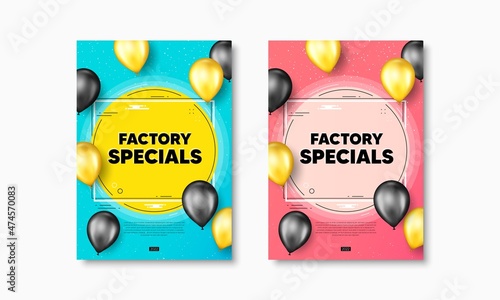 Factory specials text. Flyer posters with realistic balloons cover. Sale offer price sign. Advertising discounts symbol. Factory specials text frame poster banners. Balloons cover. Vector