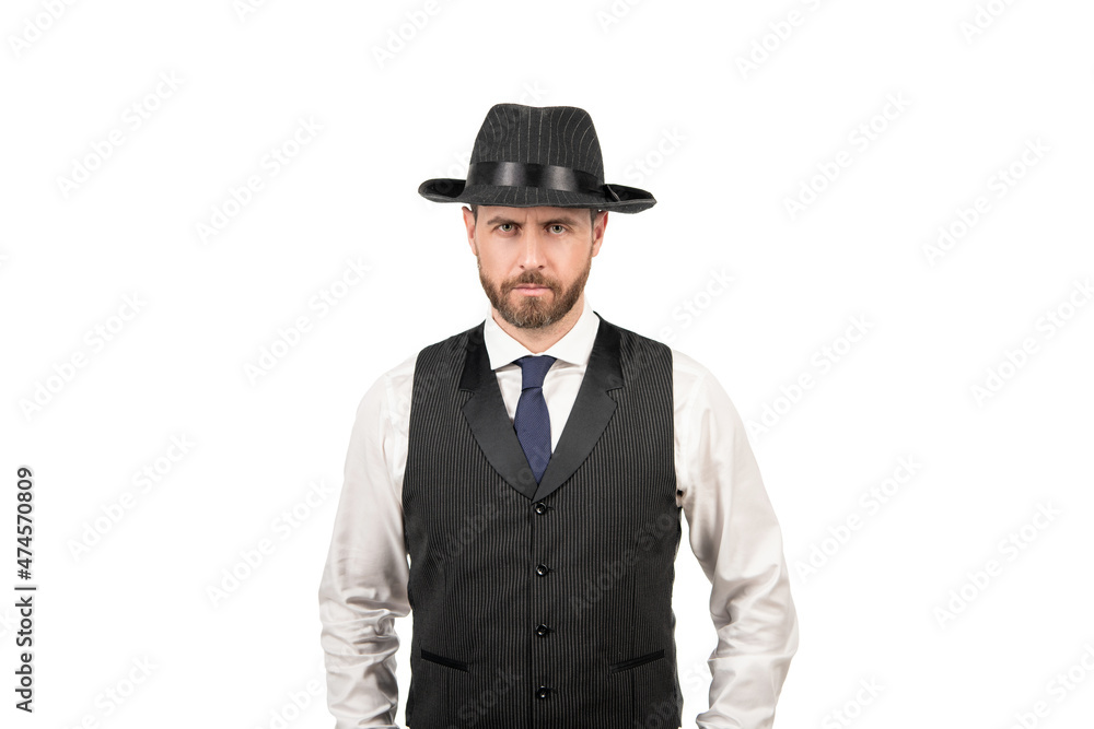 retro businessman in business casual style and hat isolated on white background, elegance retro businessman in business casual style and hat isolated on white background, elegance