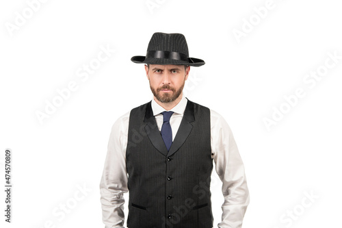 retro businessman in business casual style and hat isolated on white background, elegance