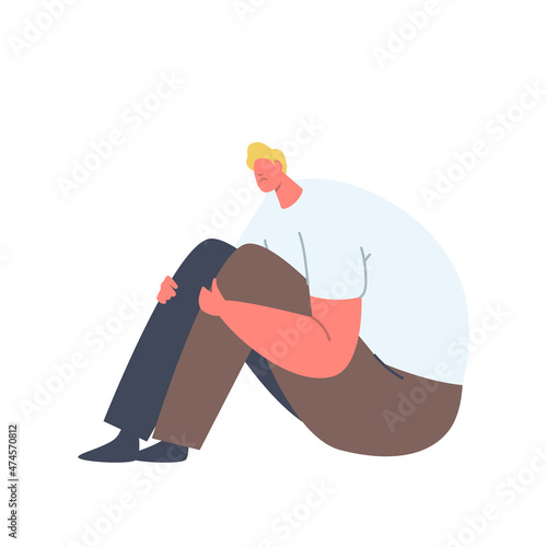 Depressed Unhappy Man Sitting on Floor with Sad Face, Male Character need Professional Psychological Help, Mind Problem