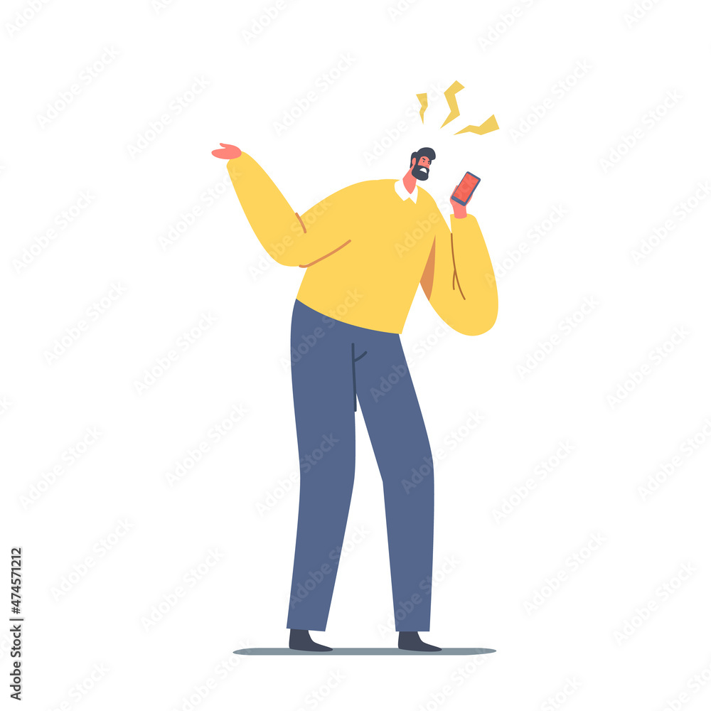 Furious Angry Man Yelling to Smartphone, Fury and Rage. Outraged Male Character with Aggressive Face Expression Scolding Furious Angry Man Yelling to Smartphone, Fury and Rage. Outraged Male Character with Aggressive Face Expression Scolding