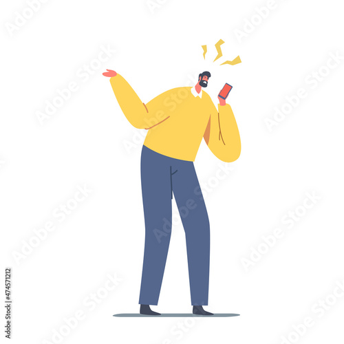 Furious Angry Man Yelling to Smartphone, Fury and Rage. Outraged Male Character with Aggressive Face Expression Scolding