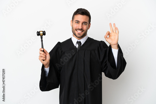 Judge caucasian man isolated on white background showing ok sign with fingers