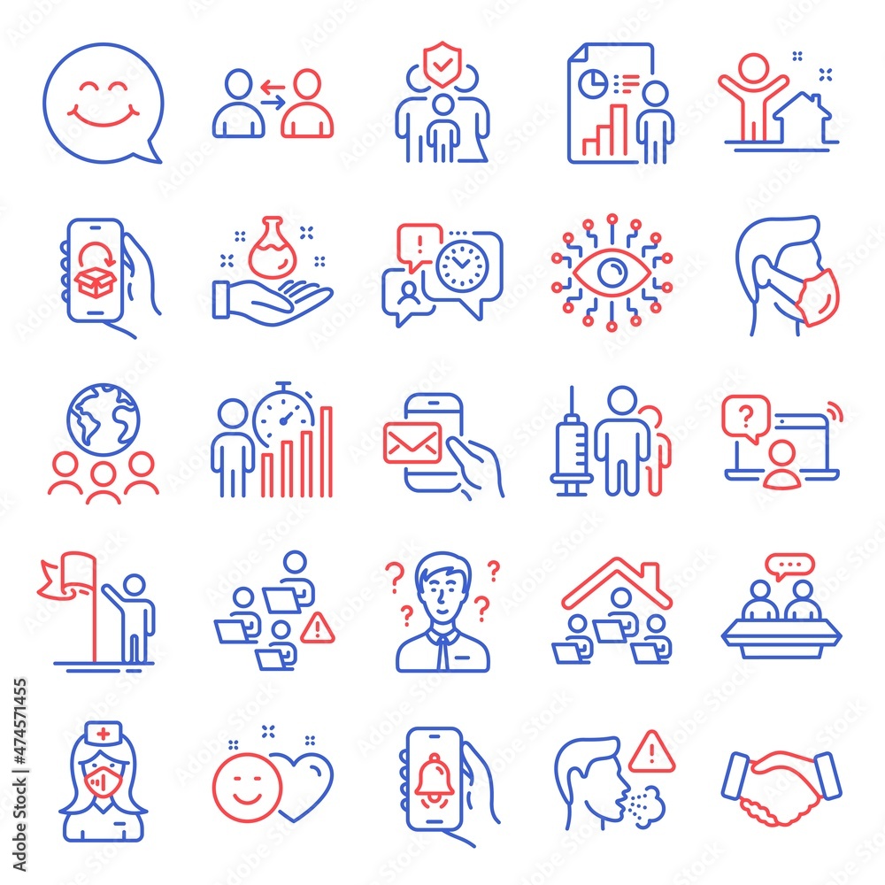 Fototapeta premium People icons set. Included icon as Global business, Chemistry lab, Artificial intelligence signs. Smile face, Bell alert, Business report symbols. Delivery app, Online question, Smile. Vector