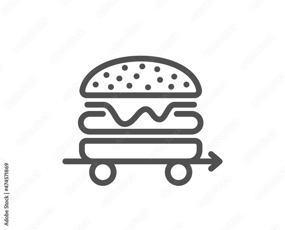 Food delivery line icon. Cheeseburger meal sign. Catering service symbol. Quality design element. Linear style food delivery icon. Editable stroke. Vector Food delivery line icon. Cheeseburger meal sign. Catering service symbol. Quality design element. Linear style food delivery icon. Editable stroke. Vector