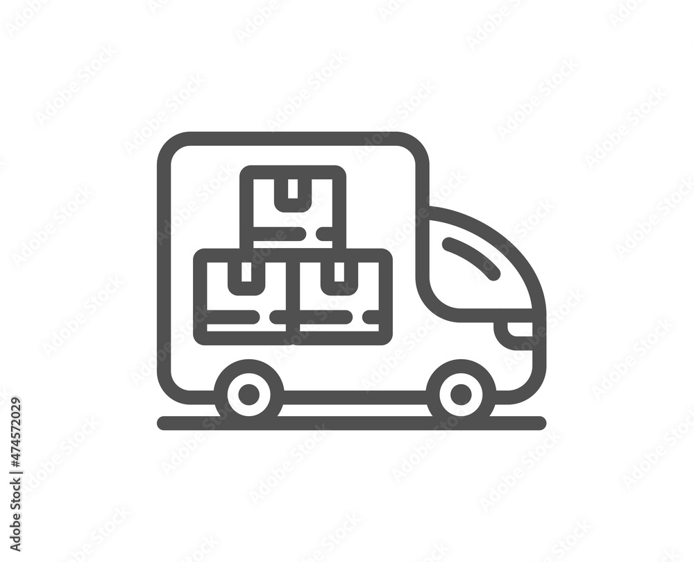 Delivery truck line icon. Warehouse boxes sign. Wholesale goods symbol. Quality design element. Linear style delivery truck icon. Editable stroke. Vector