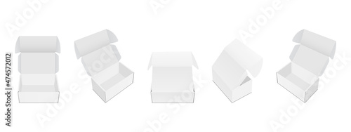 Rectangular Mailing Cardboard Boxes with Opened Lid, Front, Side and Back View, Isolated on White Background. Vector Illustration