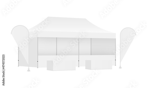 Rectangular Canopy Tent With Flags, Demonstration Tables. Equipment for Exhibition Stands During the Outdoor Events. Vector Illustration
