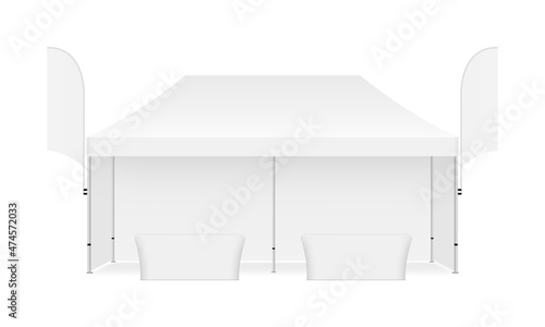 Rectangular Tent With Flags and Demonstration Tables, Front View. Vector Illustration