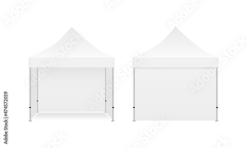 Square Canopy Tent Mockup, Front and Back View, Isolated on White Background. Vector Illustration