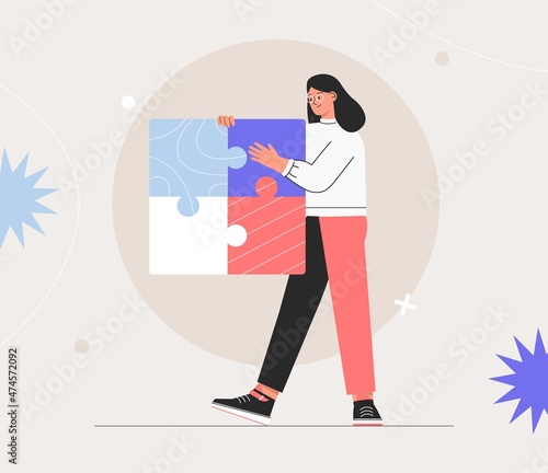 Woman showing jigsaw puzzle. Business process, brainstorming, project planning. Flat style vector illustration.