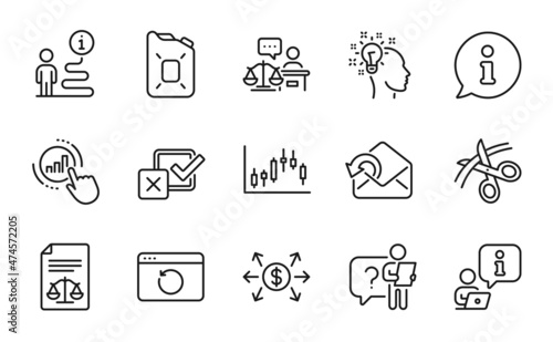 Education icons set. Included icon as Candlestick graph, Send mail, Search employee signs. Idea, Dollar exchange, Recovery internet symbols. Checkbox, Legal documents, Canister oil. Vector