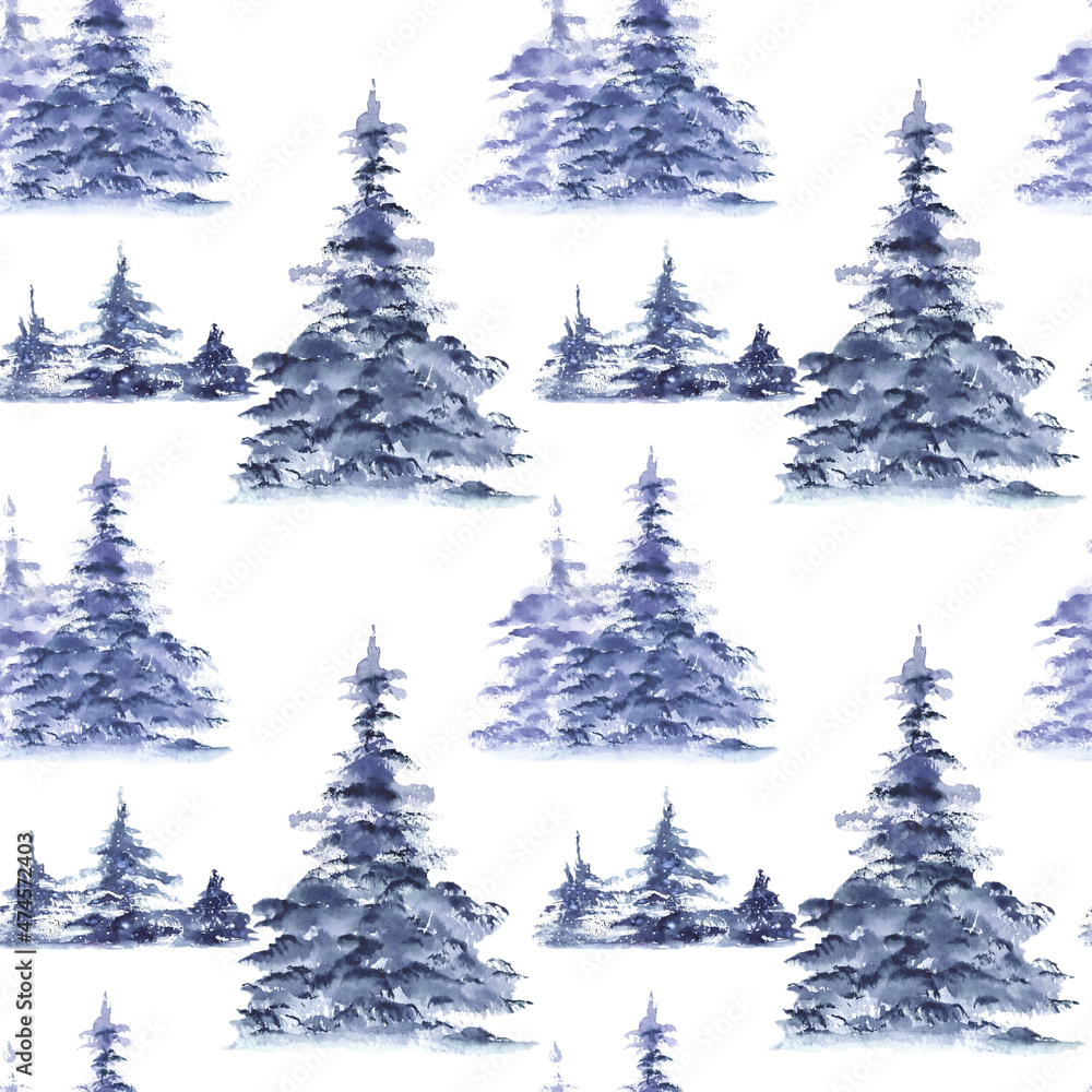 Obraz premium Seamless pattern with blue snowy forest pine trees. Watercolor illustration on white background.