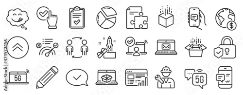 Set of Technology icons, such as Packing boxes, Smartphone notification, Swipe up icons. Checklist, Yummy smile, Pencil signs. Approved message, 5g notebook, Pie chart. Strategy, Repairman. Vector