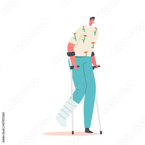 Injured Character Stand on Crutches with Bandaged Leg. Correction of Lost Physical Body Abilities with Therapeutic Help