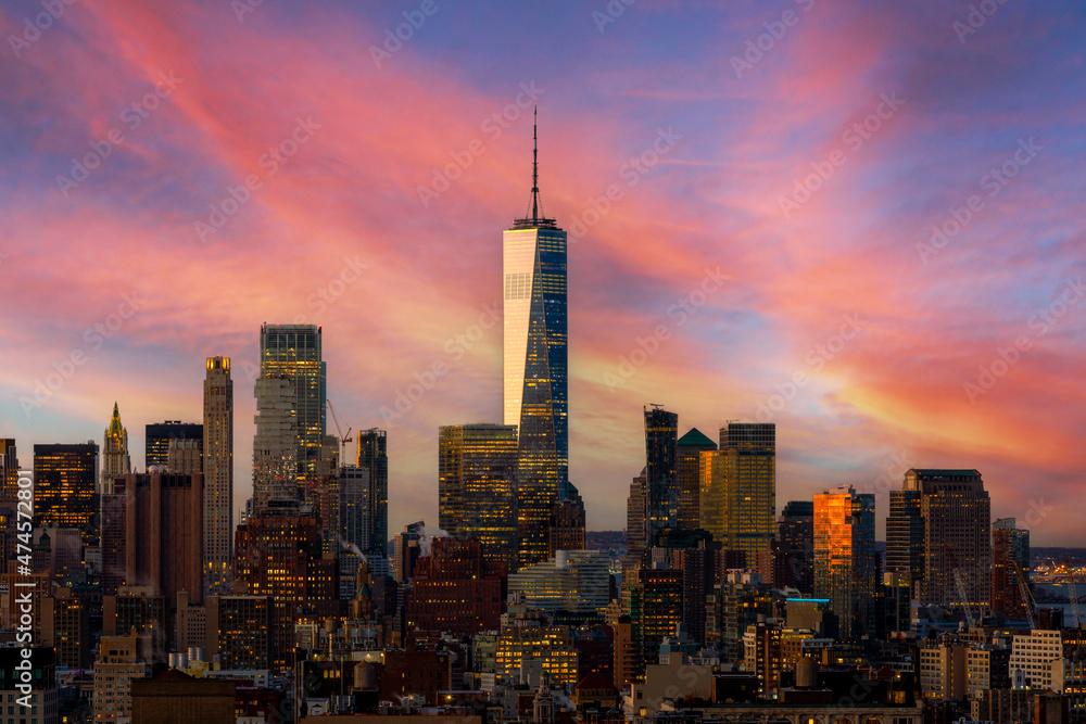 sunrise city skyline view of Lower Manhattan and the Freedom tower