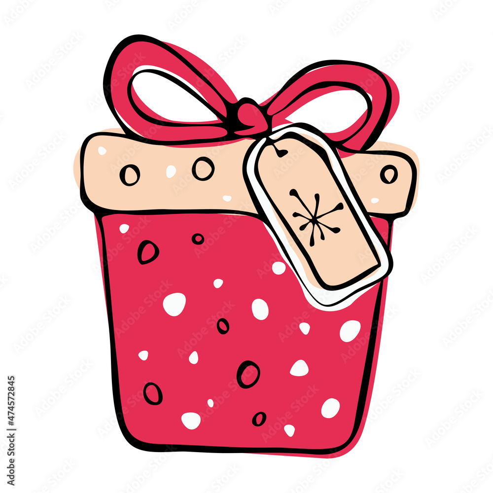 Christmas gift box with label. Gift box with snowflakes, lines, snowballs in doodle sketch style. Decoration for postcards, stickers, notebooks, packaging, covers, etc. Christmas gift box with label. Gift box with snowflakes, lines, snowballs in doodle sketch style. Decoration for postcards, stickers, notebooks, packaging, covers, etc.