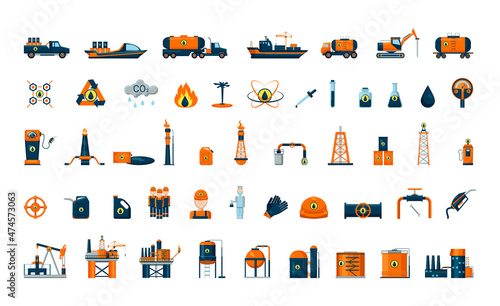 Collection of detailed objects of the oil industry. Isolated icons on a white background.