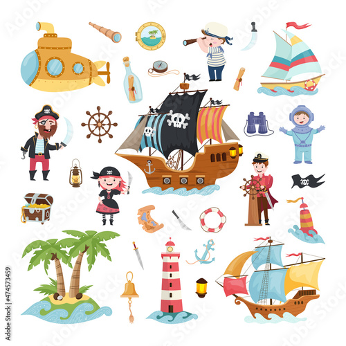 A collection of cute illustrations related to sea adventures. Characters-sailors and objects for sailing in flat style.