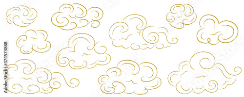 Gold Chinese clouds with curls in a set on a white background.Eastern heavenly design of different shapes of clouds in flat style. Vector illustration