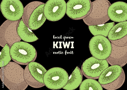 Kiwi fruit hand drawn frame. Colorful. Vector illustration. Design, package, brochure illustration. Hand drawn kiwi fruits design template. Organic fresh food vector illustration.