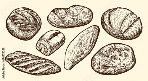 Bakery products. Rye, wheat and whole grain bread. Sketch vintage vector illustration