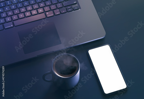 Top view of smartphone with blank screen and coffee cup on navy blue gray desktop. 3d rendering.