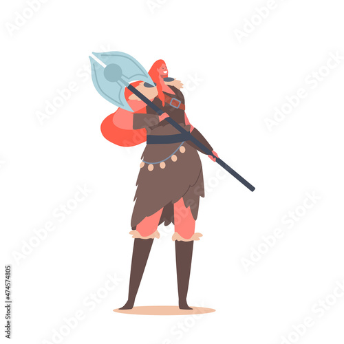 Viking Woman, Personage of Nordic Legends. Scandinavian Warrior Female Character with Ginger Hair, Wear Fur Dress