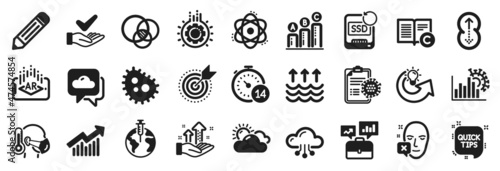 Set of Science icons, such as Coronavirus statistics, Atom, Pencil icons. Pandemic vaccine, Euler diagram, Sick man signs. Dermatologically tested, Business portfolio, Target purpose. Gear. Vector