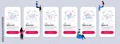 Vector Set of Technology icons related to Voting ballot, Ab testing and Credit card icons. UI phone app screens with teamwork. Computer mouse, Online chemistry and Cloud download line symbols. Vector