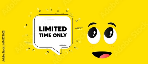 Limited time text. Cartoon face chat bubble background. Special offer sign. Sale promotion symbol. Limited time chat message. Character smile face background. Vector