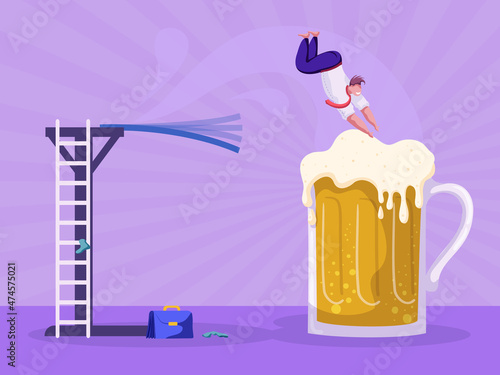 Happy cartoon office worker diving into huge glass of beer after a hard week. Vector illustration of businessman drinking, parting, relaxing at the bar on Friday. Drunk clerk hangout with beverage